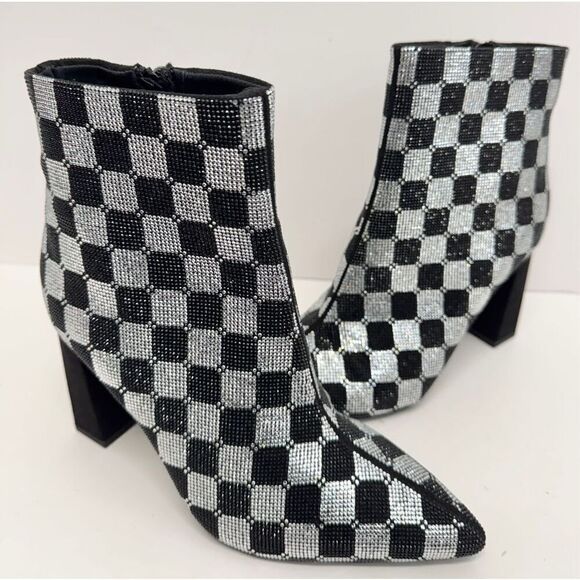 Wild Pair Boots Size 6 Checkered Pointed Toe Rhinestones High Heel Booties NEW - Picture 3 of 9
